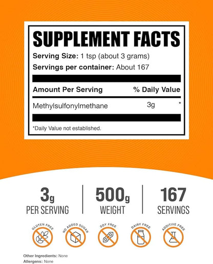 BulkSupplements.com MSM Powder - Methylsulfonylmethane, MSM Supplement, Nutritional Supplement - Gluten Free, 3g per Serving, 500g (1.1 lbs) (Pack of 1)