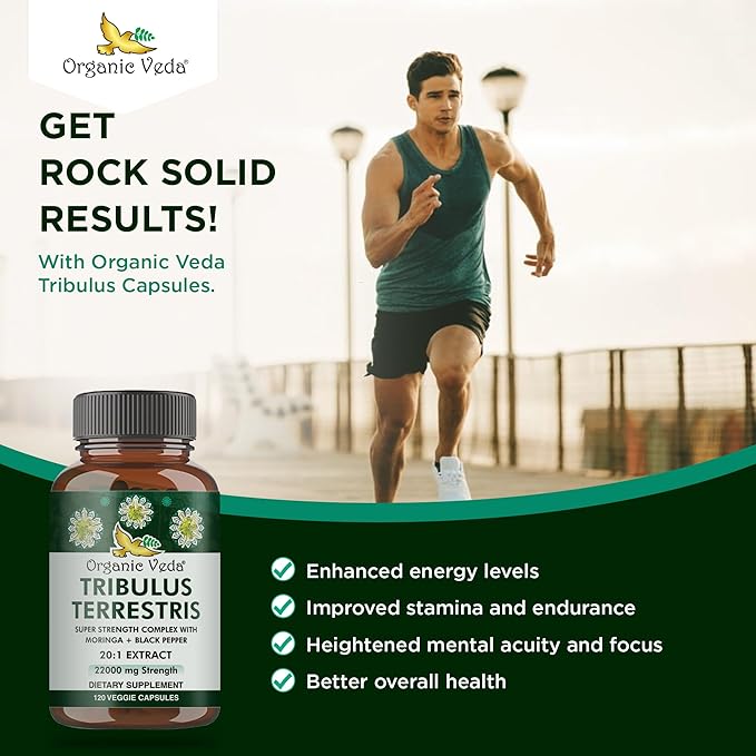 Organic Veda Tribulus Terrestris Extract Capsules for Men, 22000mg - Tribulus Terrestris Super Strength with Moringa & Black Pepper - Boost Energy, Stamina & Performance - Vegan, Non-GMO - 120 Count