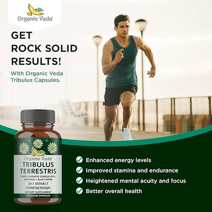 Organic Veda Tribulus Terrestris Extract Capsules for Men, 22000mg - Tribulus Terrestris Super Strength with Moringa & Black Pepper - Boost Energy, Stamina & Performance - Vegan, Non-GMO - 120 Count