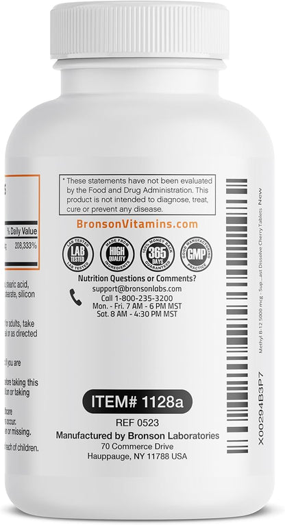 Bronson Methyl B12 5000 mcg Vitamin B12 Methylcobalamin Energy & Brain Support 60 Lozenges