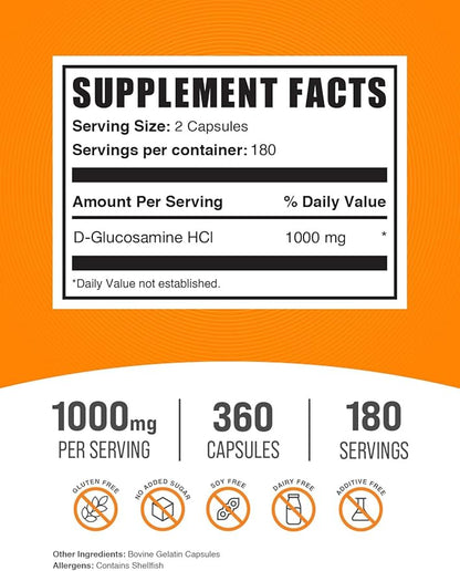 BulkSupplements.com Glucosamine HCl Capsules - Glucosamine Supplement, Nutritional Supplement - Gluten Free, 2 Capsules per Serving, 360 Count (Pack of 1)