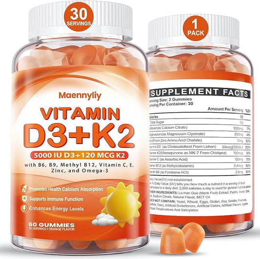 Vitamin D3 K2 Gummies for Adults - Vitamin D3 5000IU + K2 (MK-7) 120mcg - Sugar-Free D3 and K2 Supplements with Omega-3, Methyl B12, B9, B6, Vitamins E & Zinc - for Calcium Absorption & Immune Health
