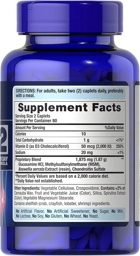 Puritan's Pride Advanced Glucosamine Chondroitin MSM with Vitamin D3 50mcg (2000 IU), Dietary Supplement for Joint Health, 80 Servings, 160 Coated Tablets