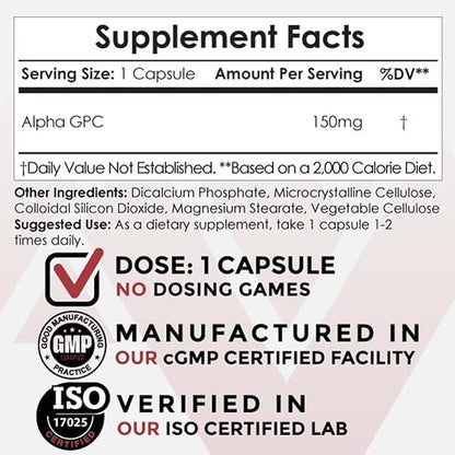 Nootropics Depot Alpha GPC Capsules | 150mg | 180 Count | Cholinergic Supplement | Brain Health Supplement | Supports Healthy Brain Function | Enhance Cognition, Memory + Focus
