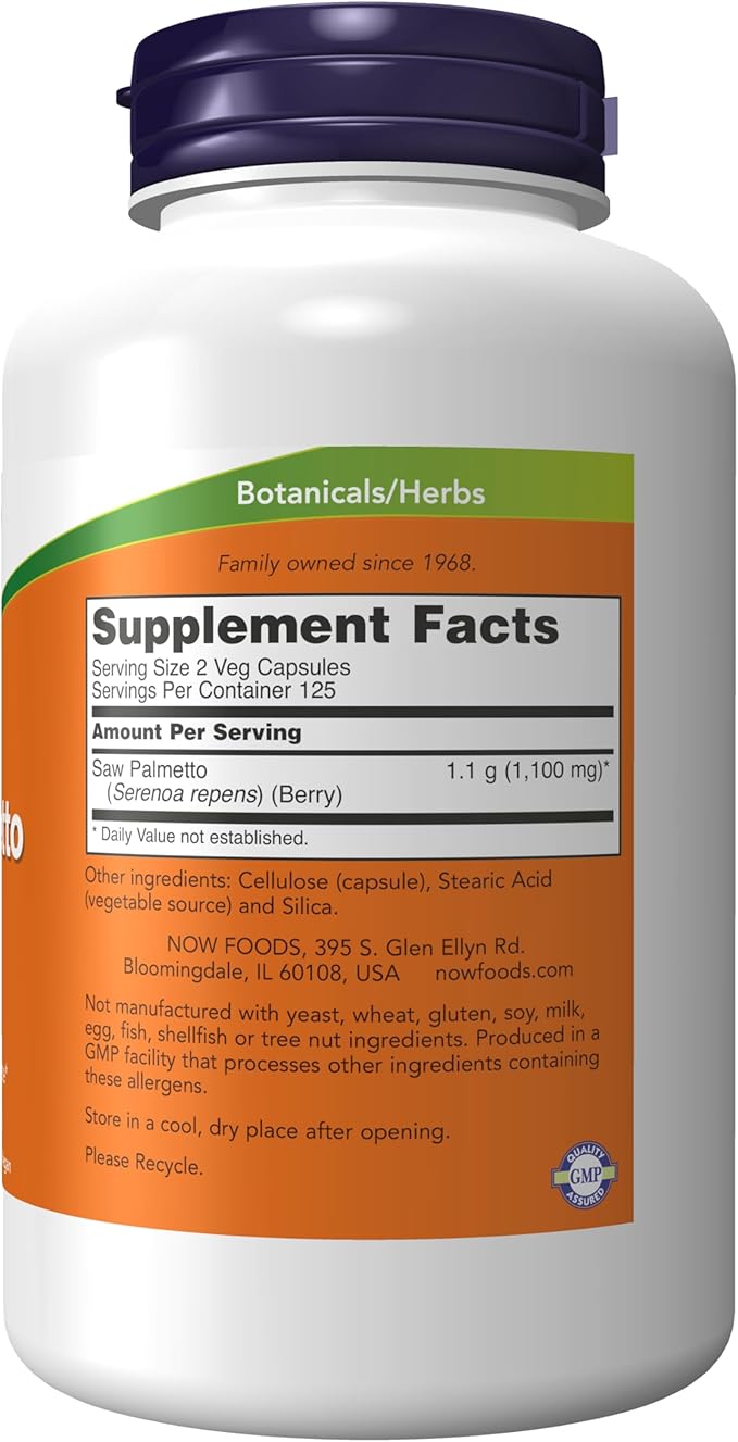 NOW Foods Supplements, Saw Palmetto Berries (Serenoa repens) 550 mg, Men's Health*, 250 Veg Capsules