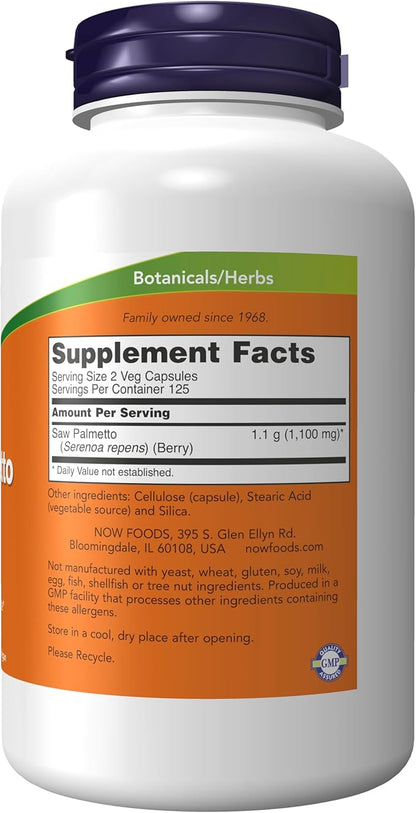 NOW Foods Supplements, Saw Palmetto Berries (Serenoa repens) 550 mg, Men's Health*, 250 Veg Capsules