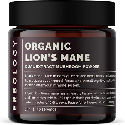 Erbology Organic Lion’s Mane Dual Extract Powder 30 Servings - 30% Beta-glucans and Erinacine A 1.6mg/g - Calm and Focus - Hericium Erinaceus - Sustainably Grown in Europe - Vegan - No Added Fillers