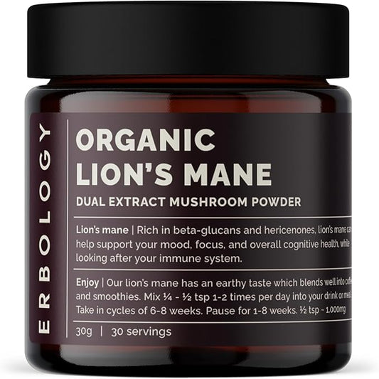 Erbology Organic Lion’s Mane Dual Extract Powder 30 Servings - 30% Beta-glucans and Erinacine A 1.6mg/g - Calm and Focus - Hericium Erinaceus - Sustainably Grown in Europe - Vegan - No Added Fillers