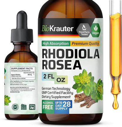BIO KRAUTER Rhodiola Rosea Supplement Liquid - Pure Rhodiola Rosea Tincture - Vegan Calmness Support - Alcohol & Sugar Free Extract 2 Fl.Oz.