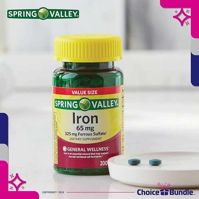 Spring Valley Iron Tablets Dietary Supplement Value Size 65 mg 200 CT 4 Pk Choice Bundle (800 Total) + Vitamin Vitality Guide & Pill Container (6 Items)!