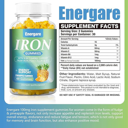 1 Pack Vegan 100Mg Iron Supplement Gummies for Women & Men - Vitamin A, C, B - Energy Support for Iron Deficiency, Anemia, Adults ＆Children, Pineapple Flavor Gummy, 60 Counts