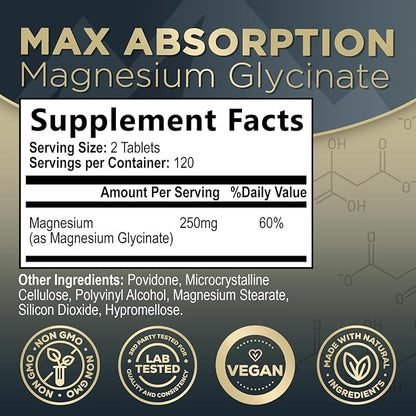 Magnesium Glycinate Chelated for Max Absorption - Supports Bone, Muscle, Nerves & Heart Health, Nature's Sleep and Stress Support, Best Magnesium Supplement Pills for Whole Body Support - 240 Tablets