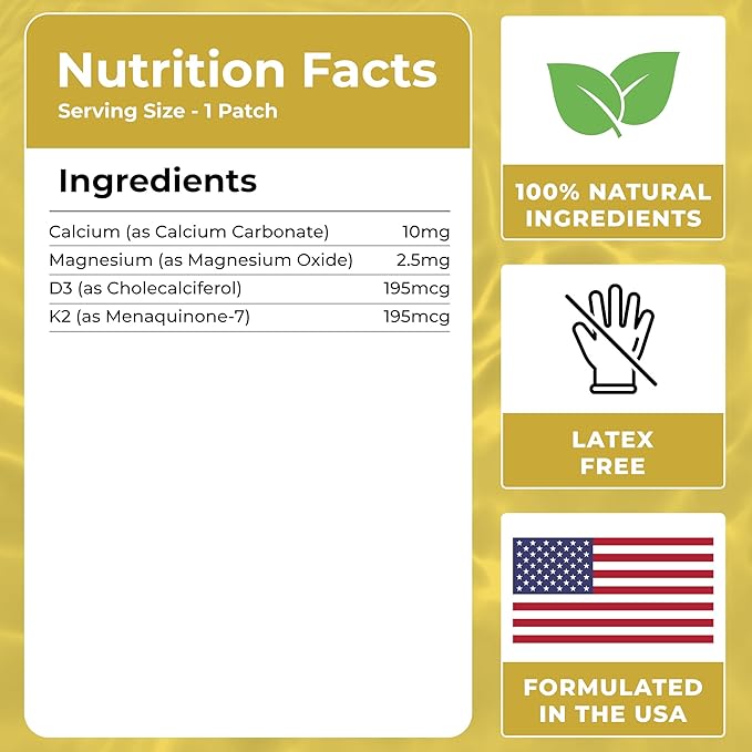 D3 Patches (Pack of 60) - 100% Natural D Patch for Women and Men - with Calcium, Magnesium, K2 - Immune & Body Support - Enhanced Formula