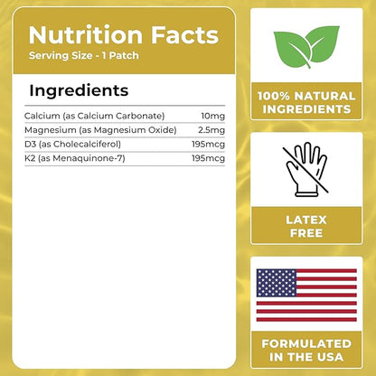 D3 Patches (Pack of 60) - 100% Natural D Patch for Women and Men - with Calcium, Magnesium, K2 - Immune & Body Support - Enhanced Formula