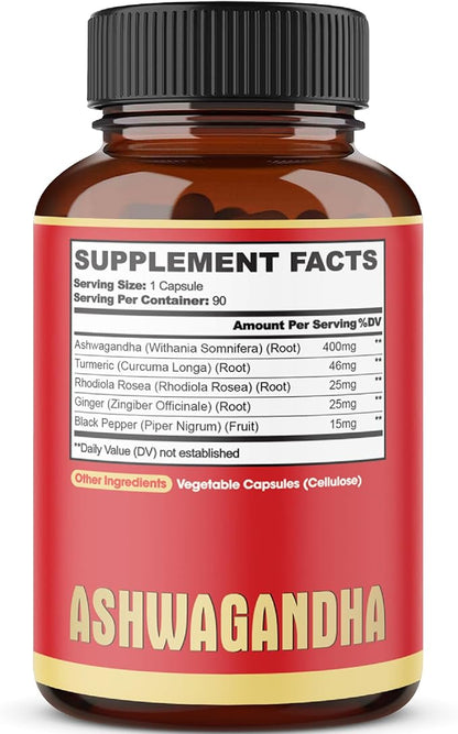 90 Capsules - Ashwagandha Supplement Capsules - Ginger Root, Turmeric, Rhodiola Rosea & Black Pepper