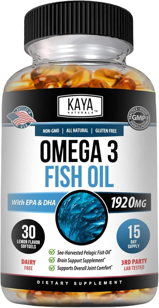 Kaya Naturals Omega 3 Supplement - Nature Made Omega 3 Fish Oil - 100% Pure Sea-Harvested Pelagic Fish Oil with No Fishy Aftertaste - 30 Count Softgels