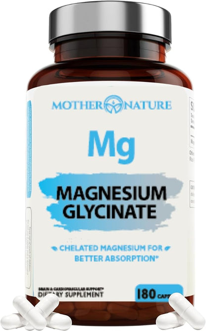 High Absorption Chelated Magnesium Glycinate, Supports Bone and Immune Health Daily Supplement, Chelated for Easier Digestion, 2 Month Supply, 180 Capsules