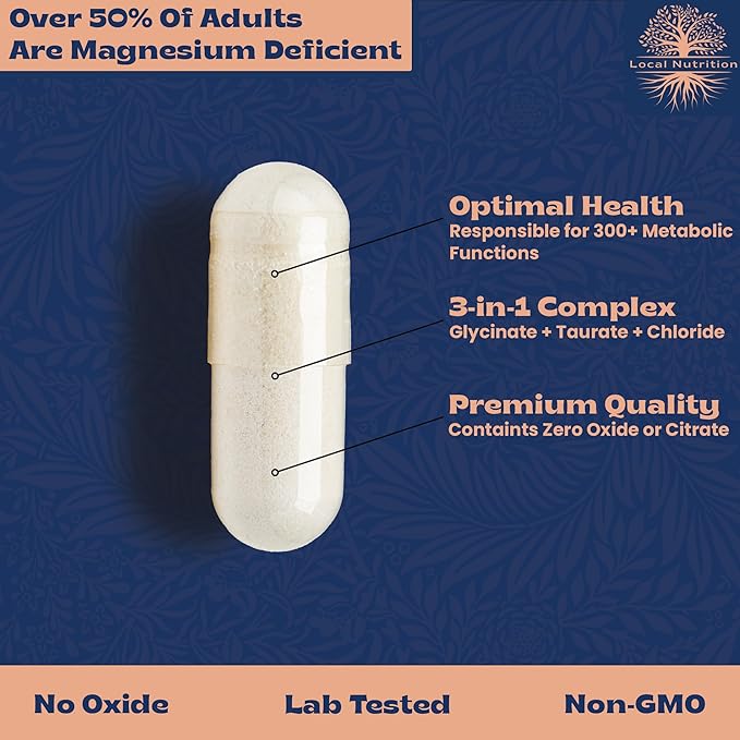 Triple Magnesium Complex 500mg from Magnesium Glycinate 1250mg, Magnesium Taurate 625mg, Magnesium Chloride 500mg - Premium, High Absorption Chelated Magnesium Supplement - 90 Capsules Made in USA