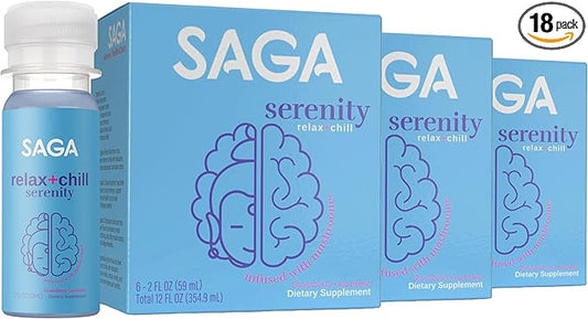 SAGA Organic Relaxation Shots | Contains Adaptogens & Mushrooms - Lion's Mane & Kava | High Bioavailability & Fast Onset | Elevate Mood & Reduce Fatigue | Strawberry Cucumber 2oz Shots (18-Pack)