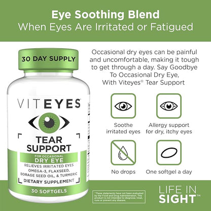 Viteyes Tear Support Eye Soothing Blend, Occasional Dry Eye Supplement, No Eye Drops, Redness Relief, Eye Vitamin, Allergy Support for Itchy Eyes, Omega-3 Fish Oil, 30 Softgels