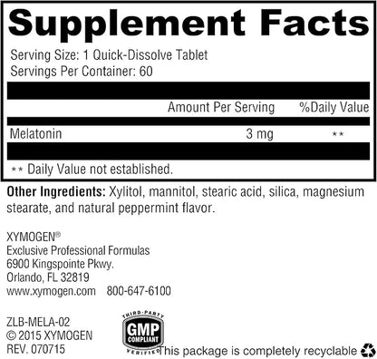 XYMOGEN Melatonin - Peppermint Lozenges - 3mg Melatonin Supplement for Nighttime, Antioxidant + Immune Support (60 Quick-Dissolve Tablets)