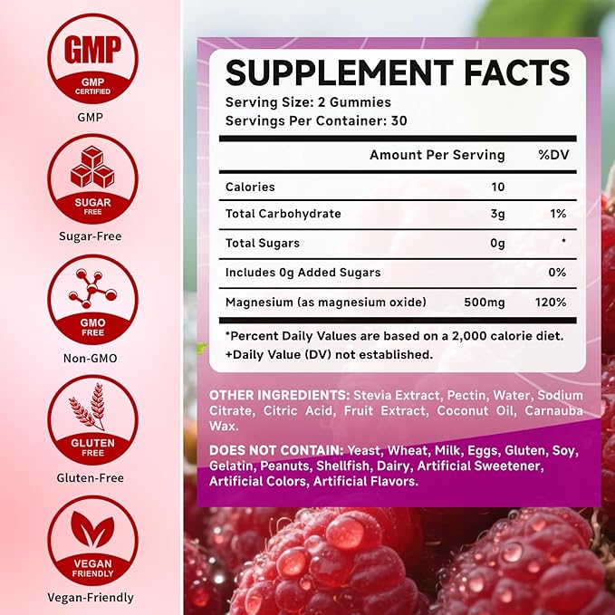 Magnesium Oxide Gummies 500mg, Sugar Free Chewable Magnesium Oxide Supplement for Adults & Kids, Nerve Support & Energy Boost, Non-GMO, Raspberry Flavor, 120 Count