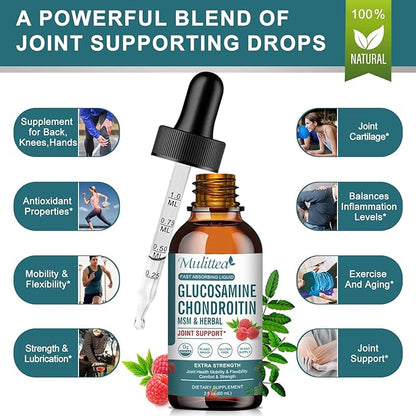 Glucosamine Chondroitin MSM Liquid Drops-w/Elderberry, Boswelia &Hyaluronic Acid-Extra Strength Joint Support Supplement for Mobility, Flexibility & Bones,High Absorption,60ml (2 fl oz)