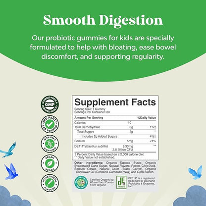 USDA Organic Kids Probiotic Gummies - Gut Bacteria Probiotics for Digestive Health & Stomach Relief - Gentle 2.5B CFU Kids Immune Support & Gut Heath Supplement - Vegan & Non-GMO Chews - 60 Count