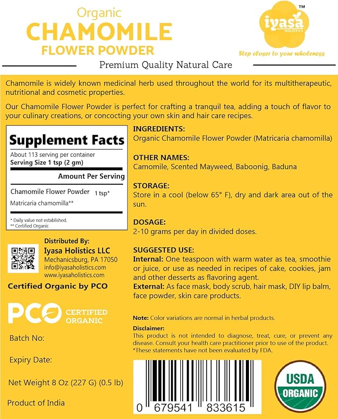 Organic Chamomile Flower Powder, Food Grade for Baking, Cooking, Tea, Summer Drinks, DIY Skin and Hair Care Products, Natural Face Packs, Face Mask 16 oz, 453 gm