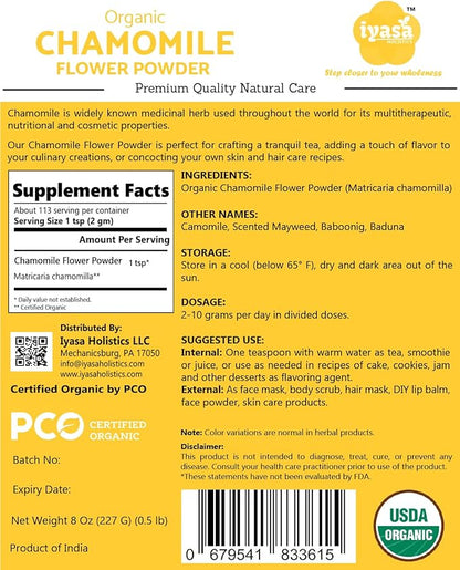 Organic Chamomile Flower Powder, Food Grade for Baking, Cooking, Tea, Summer Drinks, DIY Skin and Hair Care Products, Natural Face Packs, Face Mask 16 oz, 453 gm