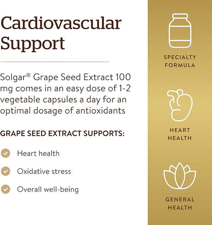 SOLGAR Grape Seed Extract 100 mg, 60 Vegetable Capsules - Phytonutrient Antioxidant Support - Vegan, Gluten Free, Dairy Free - 60 Servings