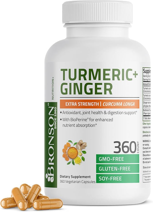 Bronson Turmeric + Ginger Extra Strength Joint Health & Digestion Support with BioPerine, Non-GMO, 360 Vegetarian Capsules