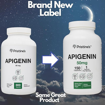 PRISTINE'S Apigenin Supplement for Sleep Capsules - 50mg 150 Day Supply - Prostate & Sleep Support Found in Chamomile Powder for Relaxation, Healthy Aging, Brain & Heart Health, & Immunity