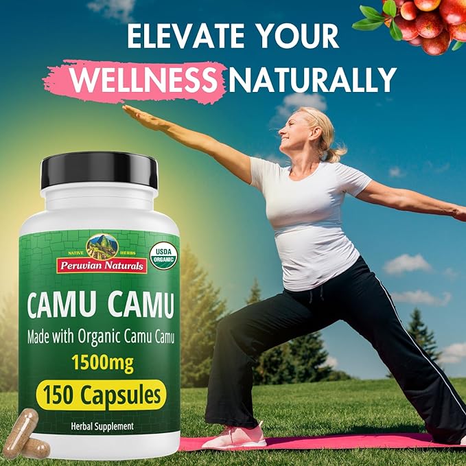 Peruvian Naturals Organic Vitamin C from Camu Camu Capsules 1,500mg per Serving - 150 Vegan Pills, Natural Whole Food VIT C, from Raw Berry Organic, Non-GMO Supplement