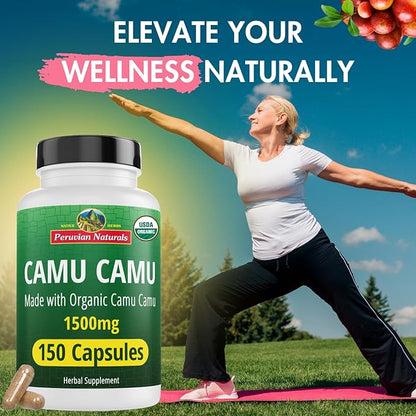 Peruvian Naturals Organic Vitamin C from Camu Camu Capsules 1,500mg per Serving - 150 Vegan Pills, Natural Whole Food VIT C, from Raw Berry Organic, Non-GMO Supplement