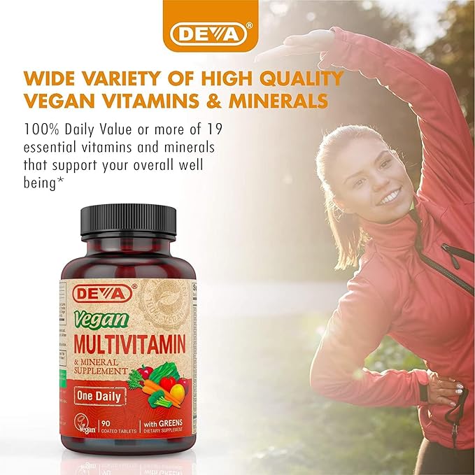 DEVA Vegan Multivitamin and Mineral Supplement - Once-Per-Day Formula with Greens - Vitamins A, C, D, E, B Complex, High-Potency Formulation for Daily Health and Wellness- 90 Coated Tablets, 1-Pack