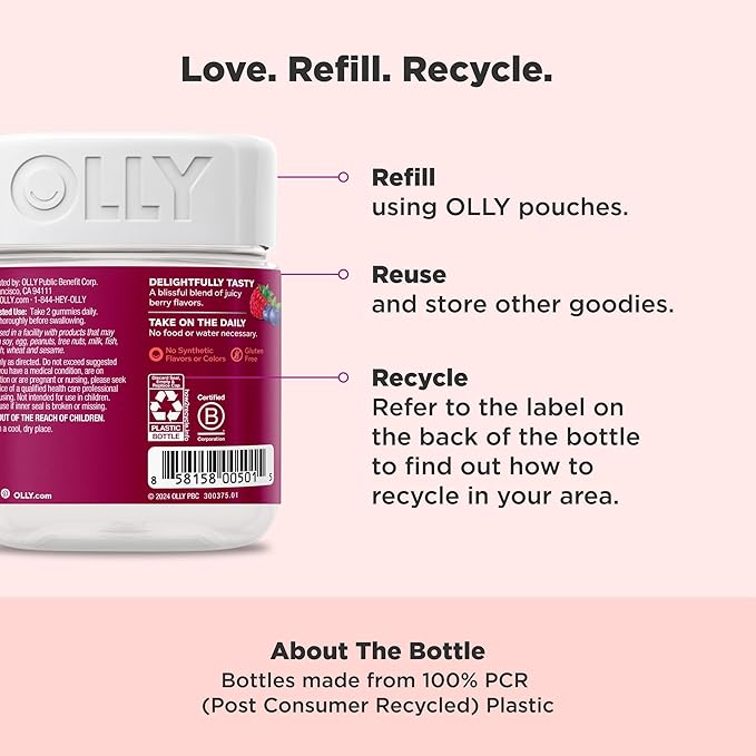 OLLY Women's Multivitamin Gummy, Vitamins A, D, C, E, Biotin, Folic Acid, Adult Chewable Vitamin, Berry Flavor, 45 Day Supply - 90 Count