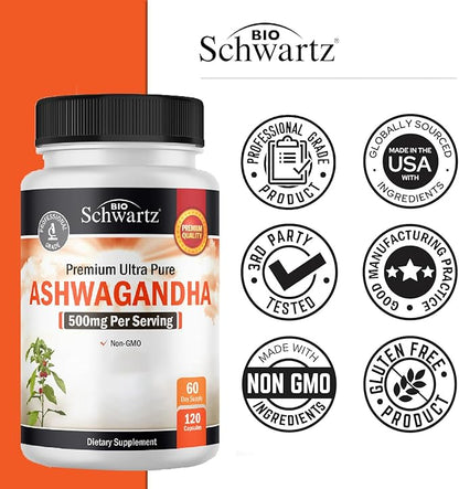BioSchwartz Ashwagandha Supplements - Extra Strength Ashwagandha Capsules 500mg Per Serving - Gluten Free, Non-GMO, Made in The USA with Globally Sourced Ingredients, 60 Servings (120 Count)