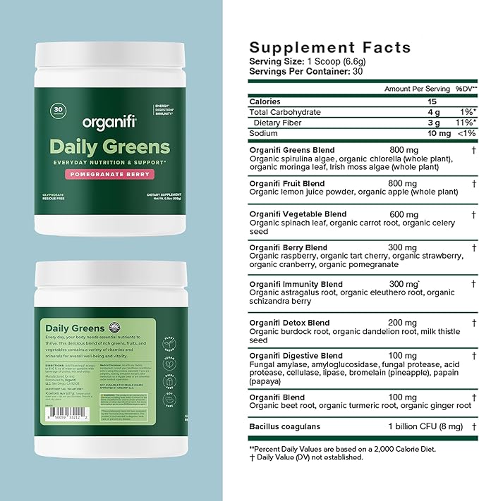 Organifi Daily Greens - Everyday Nutrition and Support - Greens Powder for Energy, Digestion, and Immunity, 30 Servings