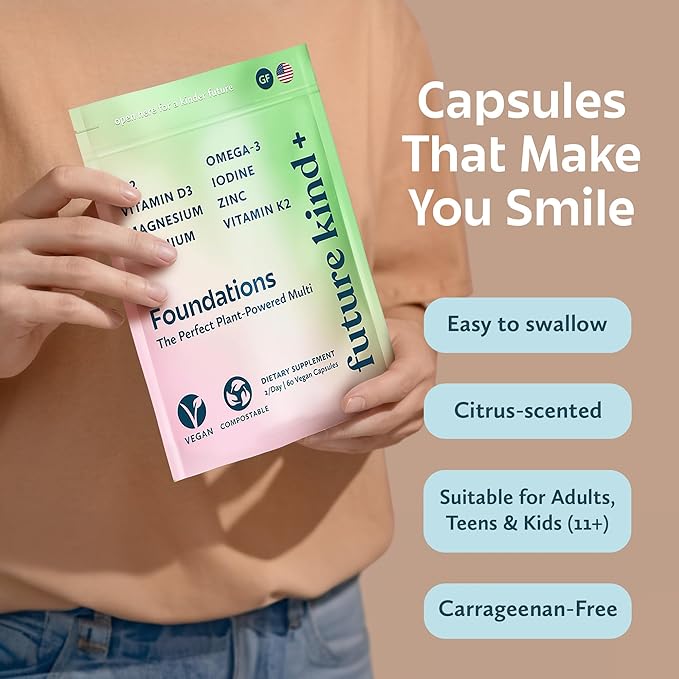 Future Kind Carrageenan-Free Foundations Multivitamin for Women & Men with Omega-3, B12, D3, Zinc, Iodine, Magnesium, K2 & Selenium, Vegan, Compostable Bag (60ct)
