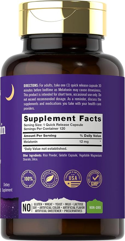 Tahoe Nutritionals Melatonin 12 mg | 120 Quick Release Capsules | Drug Free Supplement | Non-GMO, Gluten Free