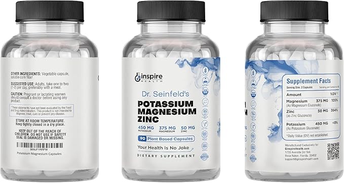 Magnesium Potassium Supplements w/Zinc - 90 Capsules (Pack of 2 Bottles)