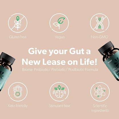 BIOMA Probiotics for Digestive Health, 3 in 1 Gut Health Probiotics and Prebiotics/Postbiotics, Slow Release Synbiotic Probiotic Capsules for Gut Health Multi Enzyme - New Improved Formula (60 Caps)