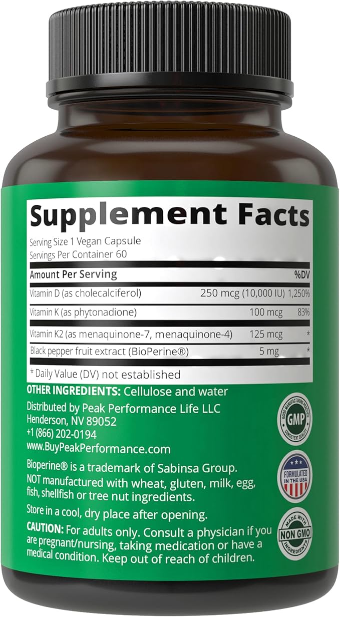 Peak Performance Advanced Vitamin D 10000 IU with All 3 Types of Vitamin K Capsules 10,000 IU Vitamin D3 and Vitamin K2, K1, MK-7 (MK7), MK4 Supplement. 60 Small and Easy to Swallow Pills