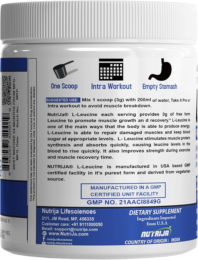 L-Leucine - 100% Pure & USP Grade- Intra Workout Supplement Powder | Muscle Recovery & Building Lean Muscles (500 Grams)