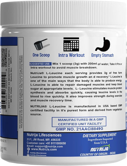 L-Leucine - 100% Pure & USP Grade- Intra Workout Supplement Powder | Muscle Recovery & Building Lean Muscles (500 Grams)