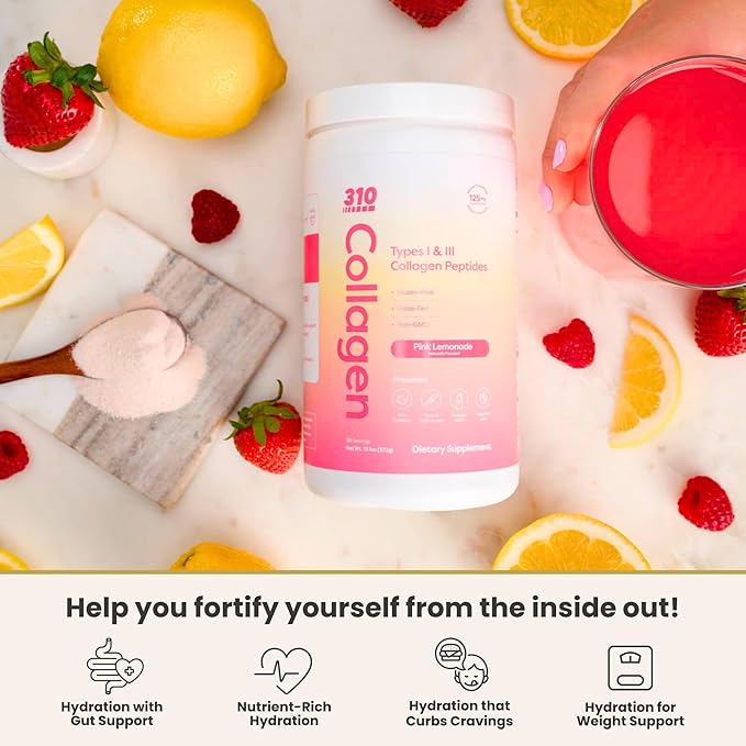 310 Nutrition - Collagen Peptides Protein Powder - Collagen Supplement - Multi Collagen Protein with Vitamins C, D, and E – Keto Friendly – Pink Lemonade 30 Servings