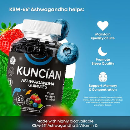 Ashwagandha & Vitamin D Gummy - 60 Count - Mixed Berry, KSM-66, Vegan & Vegetarians, Plant Based, Non-GMO, Gluten-Free & Gelatin Free Relax. Restore. Unwind, (Pack of 1)