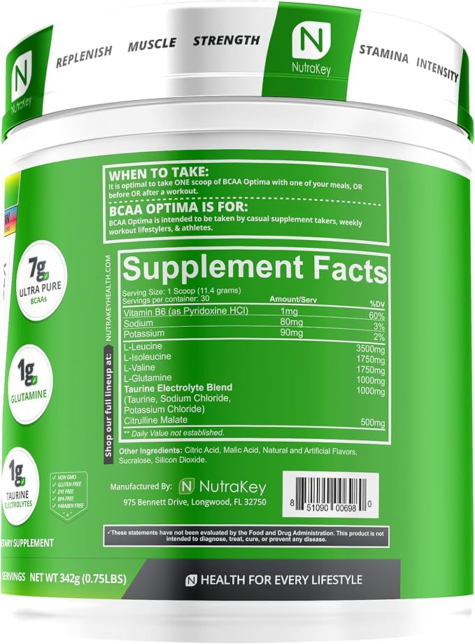 NutraKey BCAA Optima Post Workout Recovery Complex, No Sugar, No Carb, Recovery Aid, Rainbow