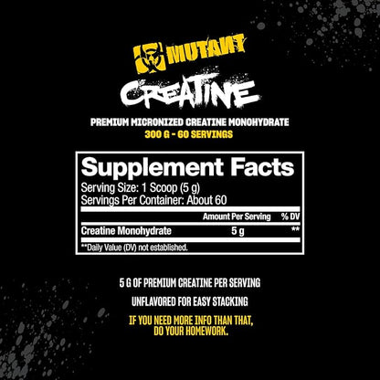 Mutant Creatine - Creatine Monohydrate Micronized Powder - Creatine Powder Supplement for Enhanced high-Intensity Performance - 60 Servings- 300 g - Unflavored